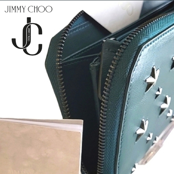 JIMMY CHOO GR Nappa LTHR Star Studded Zip Around 2-Way Wallet w/ CERT Card - Picture 8 of 17